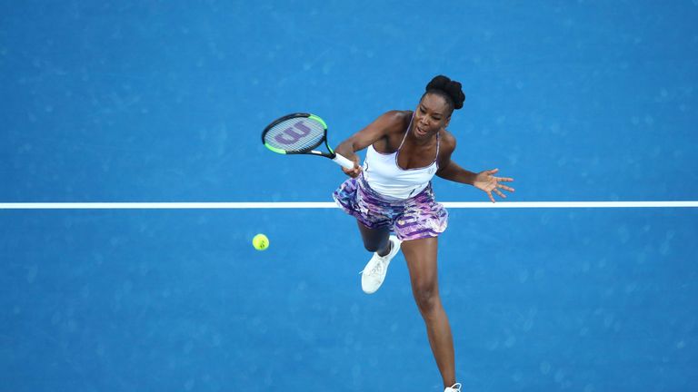 MELBOURNE, AUSTRALIA - JANUARY 28:  Venus Williams of the United States serves in her Women's Singles Final match against Serena Williams of the United Sta