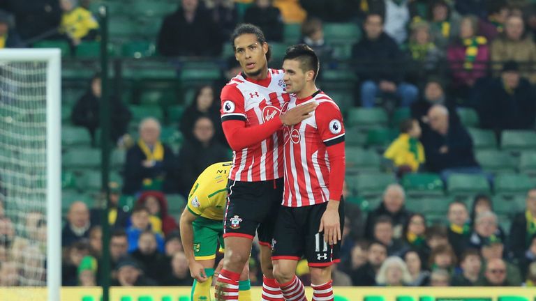 NORWICH, ENGLAND - JANUARY 07:  Virgil van Dijk of Southampton celebrates with Dusan Tadic of Southampton after scoring his sides first goal during the Emi