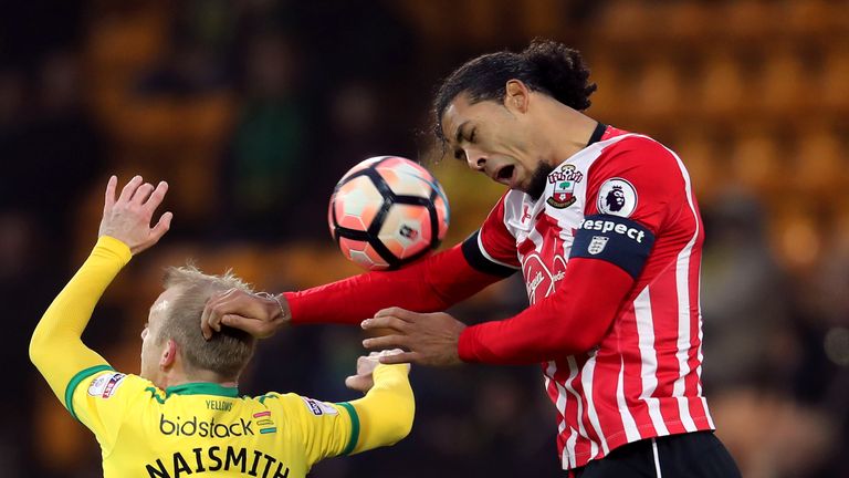 Norwich City's Steven Naismith (left) and Southampton's Virgil van Dijk battle for the ball in the air during the Emirates FA Cup, Third Round match at Car