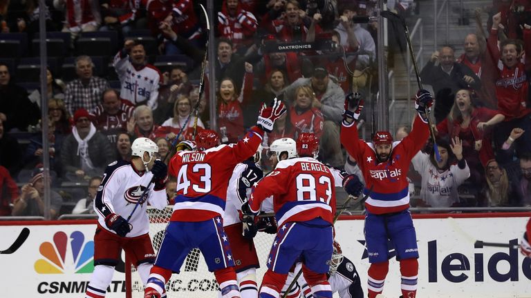 Washington Capitals celebrates after scoring against Columbus Blue Jackets