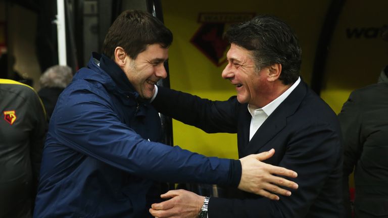 Mauricio Pochettino and Walter Mazzarri greet each other at Vicarage Road