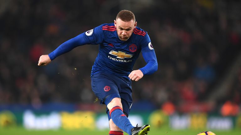 STOKE ON TRENT, ENGLAND - JANUARY 21: Wayne Rooney of Manchester United shoots during the Premier League match between Stoke City and Manchester United at 