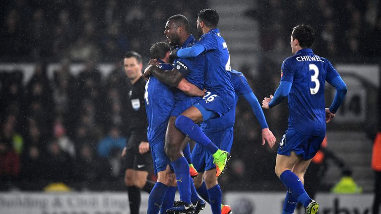 DERBY, ENGLAND - JANUARY 27:  Wes Morgan of Leicester City celebrates scoring his sides second goal with team mates during The Emirates FA Cup Fourth Round