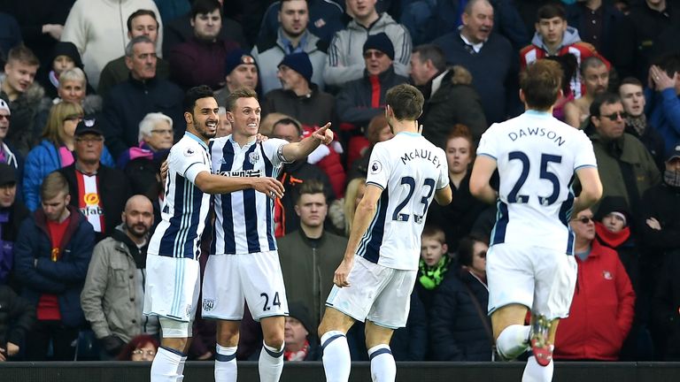 WEST BROMWICH, ENGLAND - JANUARY 21: Darren Fletcher of West Bromwich Albion (CL) celebrates scoring his sides first goal wit his West Bromwich Albion team