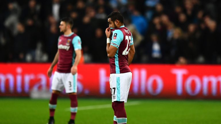 LONDON, ENGLAND - JANUARY 06: Dimitri Payet of West Ham United looks dejected during The Emirates FA Cup Third Round match between West Ham United and Manc