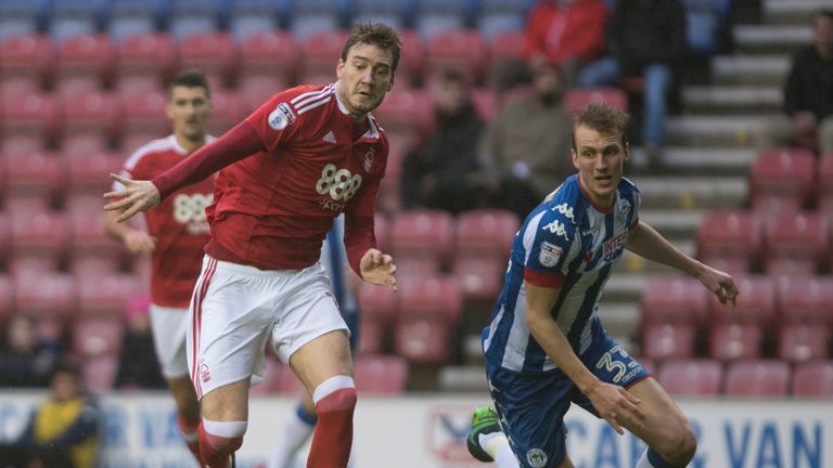 Nicklas Bendtner of Nottingham Forest and Dan Burn of Wigan in FA Cup third round action