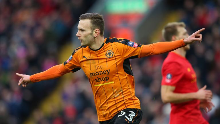 Andreas Weimann celebrates after putting Wolves 2-0 up at Anfield