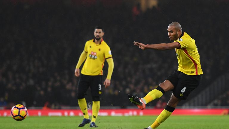LONDON, ENGLAND - JANUARY 31: Younes Kaboul of Watford scores the opening goal during the Premier League match between Arsenal and Watford at Emirates Stad