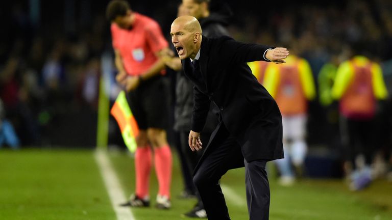 Real Madrid's French coach Zinedine Zidane shouts instructions from the sideline during the Spanish Copa del Rey (King's Cup) quarter final second leg foot
