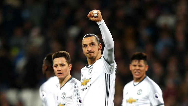 Zlatan Ibrahimovic celebrates after putting Man United 2-0 up against West Ham