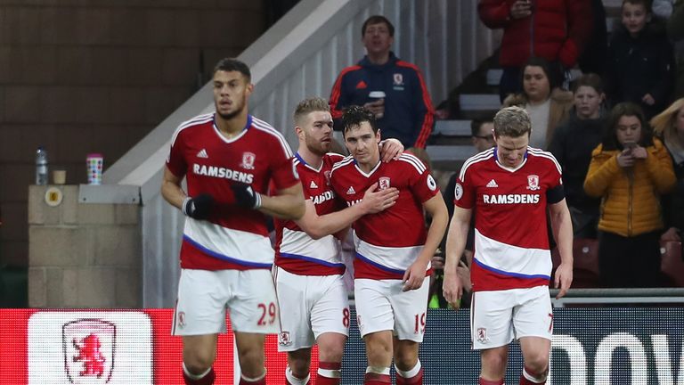 Stewart Downing celebrates with team mates after scoring Middlesbrough's winner against Accrington