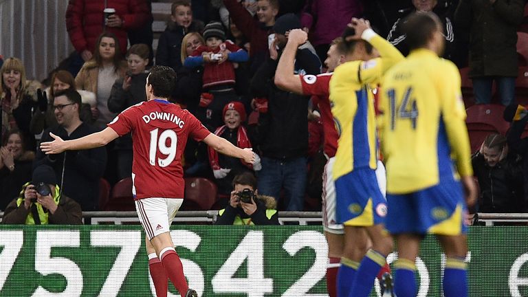 Stewart Downing wheels away after scoring the goal that put Middlesbrough ahead against Accrington