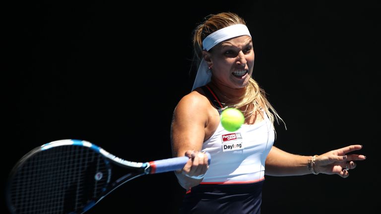 Dominika Cibulkova plays a forehand in her second round match against Su-Wei Hsieh