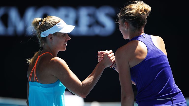Kerber (left) now plays Coco Vandeweghe in the last 16 at Melbourne Park