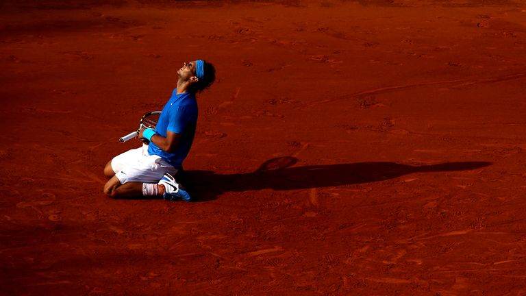 Rafael Nadal of Spain celebrates match point during the men's singles final match