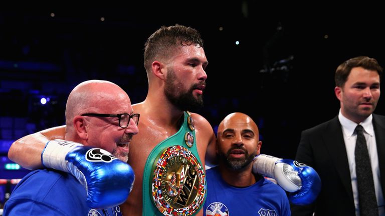 LIVERPOOL, ENGLAND - OCTOBER 15:  Tony Bellew of England celebrates after winning in the WBC Cruiserweight Championship match during Boxing at Echo Arena o
