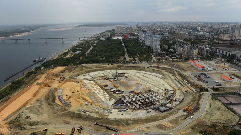 VOLGOGRAD, RUSSIA - JULY 15:  A general view of the construction work underway at the site of the new stadium during a media tour of Russia 2018 FIFA World