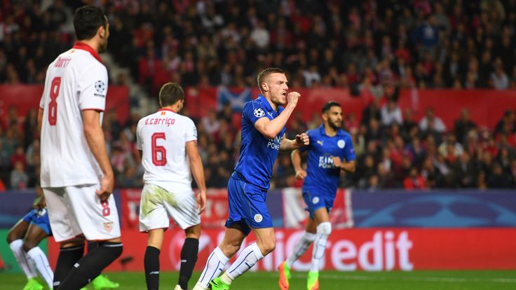 SEVILLE, ENGLAND - FEBRUARY 22:  Jamie Vardy of Leicester City celebrates after scoring his side's first goal during the UEFA Champions League Round of 16 