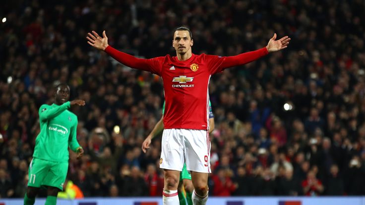 Zlatan Ibrahimovic celebrates after scoring the 17th hat-trick of his career on Thursday