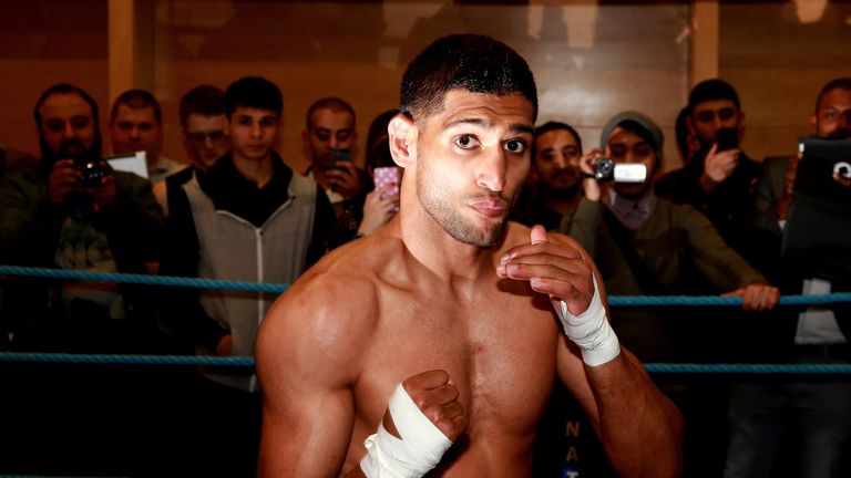SHEFFIELD, ENGLAND - APRIL 24: Amir Khan during a media workout at the English Institute of Sport on April 24, 2013 in Sheffield, England. (Photo by Scott 
