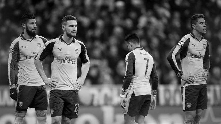 Arsenal players including Alexis Sanchez look down during their 5-1 Champions League defeat to Bayern Munich in February 2017