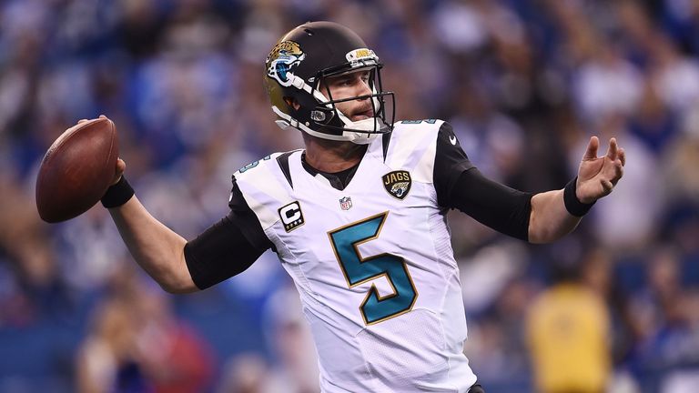 INDIANAPOLIS, IN - JANUARY 01:  Blake Bortles #5 of the Jacksonville Jaguars drops back to pass during the first half of a game against the Indianapolis Co