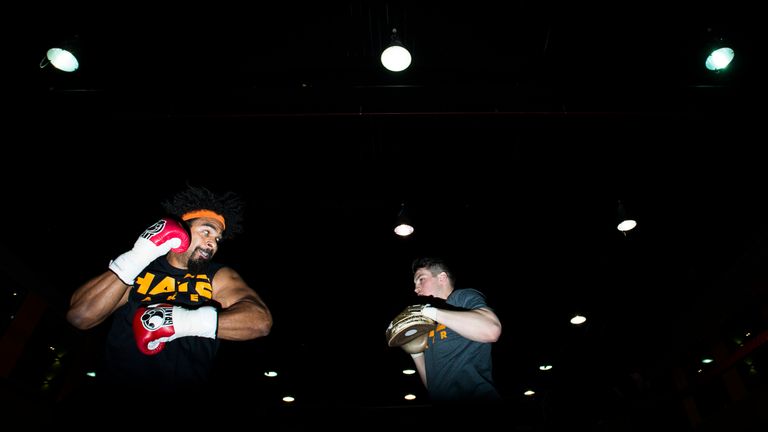 LONDON, ENGLAND - APRIL 12:  David Haye takes part in a media work out with trainer Shane McGuigan at Canary Wharf on April 12, 2016 in London, England. Ha