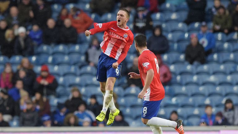Brett celebrates his goal in Cowdenbeath's 5-1 defeat at Ibrox