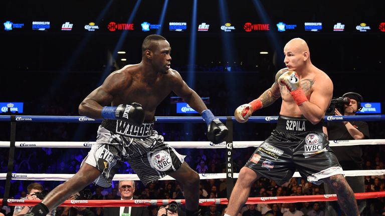 Artur Szpilka (R) of Poland and Deontay Wilder of the US (L) measure each other during their WBC Heavyweight Championship bout at Barclay's Center in Brook