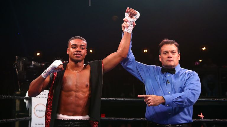 DALLAS, TX - NOVEMBER 28:  Welterweight fighter Errol Spence Jr. celebrates after knocking out Alejandro Barrera during the Premier Boxing Champions at Bom