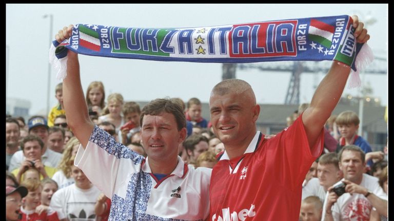22 Jul 1996:  Bryan Robson the manager of Middlesbrough with Fabrizio Ravanelli of Italy as he signs for Midllesbrough and is greeted by the home crowd