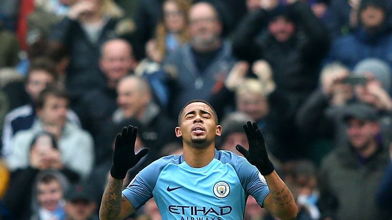 Gabriel Jesus of Manchester City celebrates scoring his side's first goal during the Premier League match v Swansea, February 5