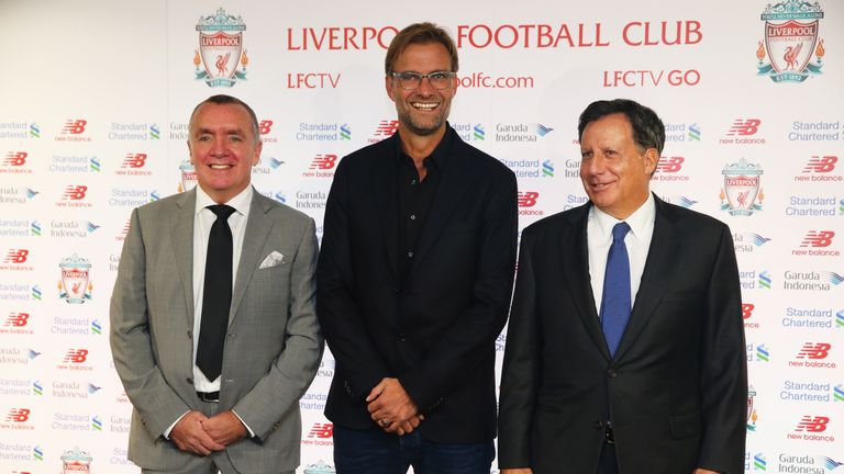 Ayre (l) with manager Jurgen Klopp and Fenway Sports Group chairman Tom Werner (r)