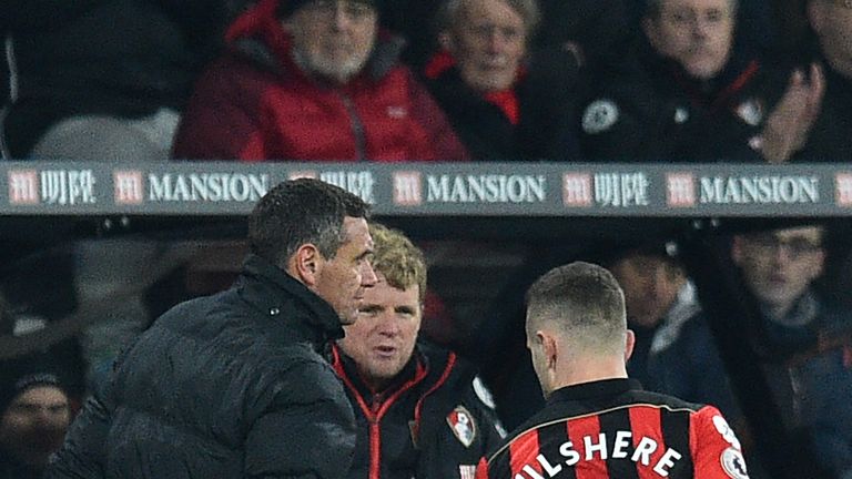Bournemouth boss Eddie Howe looks on as Jack Wilshere goes off injured against Manchester City