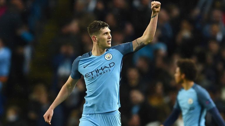 John Stones of Manchester City celebrates as he scores their fourth goal during the UEFA Champions League Round of 16 tie v Monaco