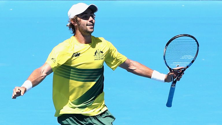 Jordan Thompson celebrates as he gives Australia a 1-0 lead over the Czech Republic in Melbourne
