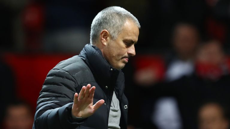 Jose Mourinho waves as he leaves the field after the Premier League match between Manchester United and Hull City
