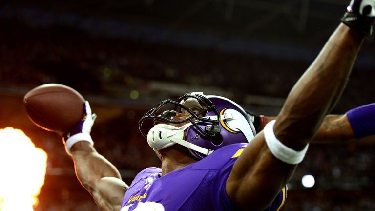 LONDON, ENGLAND - SEPTEMBER 29:  Running back Adrian Peterson #28 of the Minnesota Vikings celebrates as he scores a touchdown during the NFL International