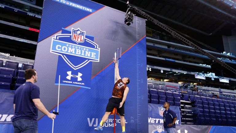 INDIANAPOLIS, IN - FEBRUARY 23: Luke Joeckel of Texas A&M takes part in the vertical jump during the 2013 NFL Combine at Lucas Oil Stadium on February 23, 