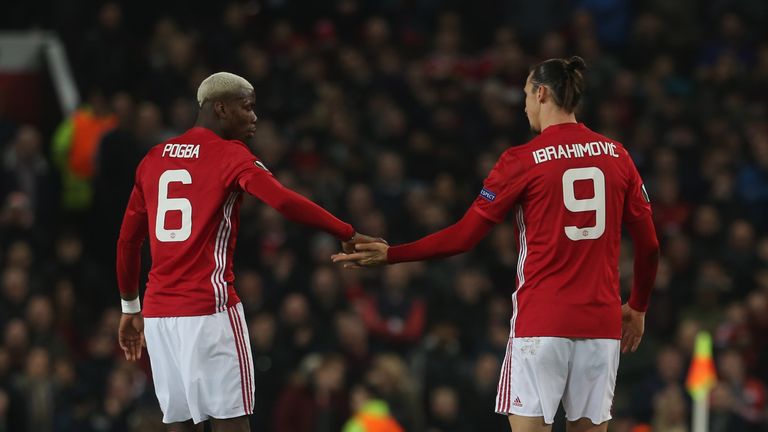 Paul Pogba and Zlatan Ibrahimovic during the UEFA Europa  League match between Manchester United and AS Saint-Etienne at Old Trafford on February 16, 2017