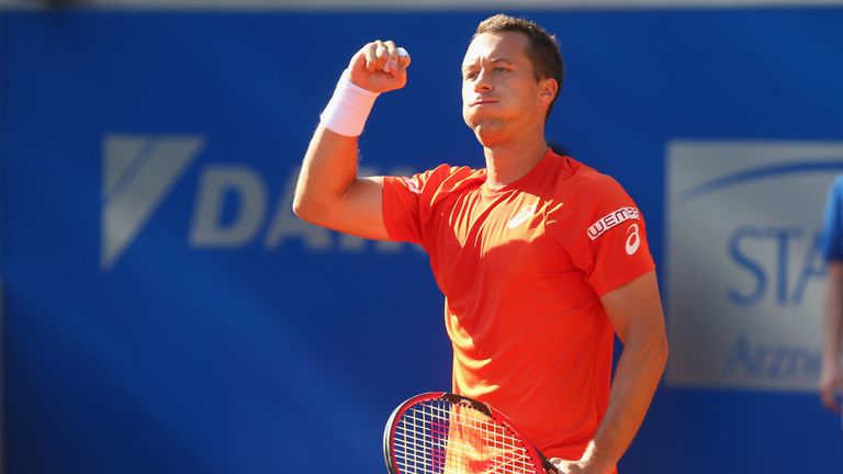 MUNICH, GERMANY - APRIL 30:  Philipp Kohlschreiber of Germany celebrates winning his semi finale match against Fabio Fognini of Itlay of the BMW Open at Ip