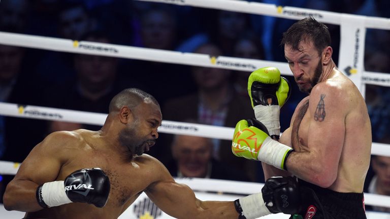 American-Russian boxer Roy Jones Jr. (L) exchanges punches with British boxer Enzo Maccarinelli during their bout in Moscow on December 12, 2015.
46-year-o