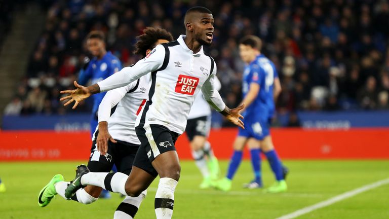 Abdoul Camara of Derby County celebrates after his free-kick was deflected in for his side's first goal v Leicester City, FA Cup fourth round replay