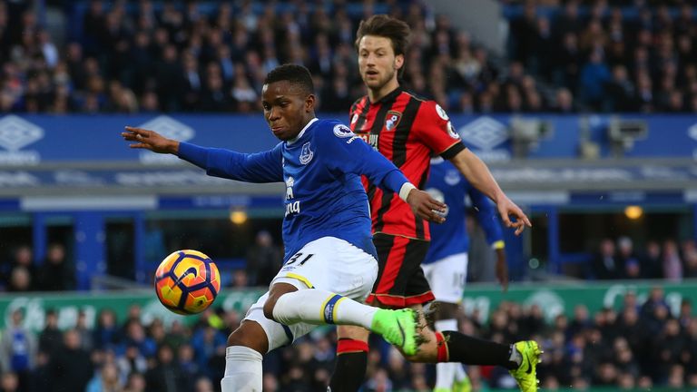 Ademola Lookman of Everton shoots during the Premier League match against Bournemouth at Goodison Park