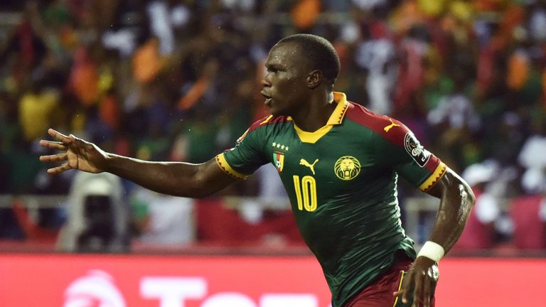 Cameroon's forward Vincent Aboubakar celebrates after scoring the team's second goal 