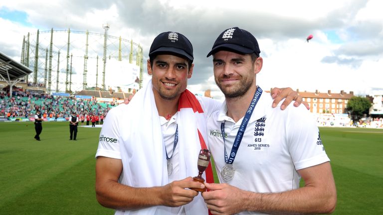 Alastair Cook and James Anderson celebrate winning the 2015 Ashes