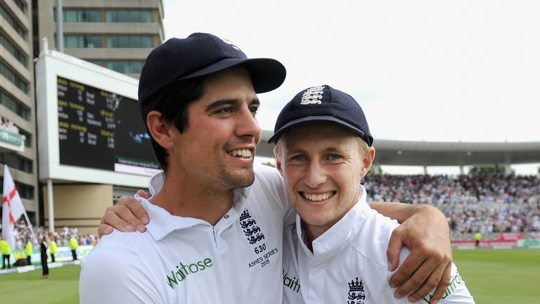 England captain Alastair Cook celebrates with Joe Root after winning the 4th Investec Ashes Test match between England and Australia