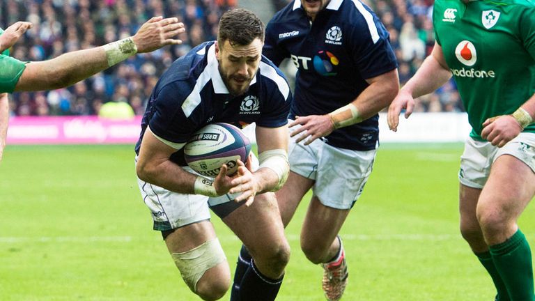 Alex Dunbar scoring a try for Scotland in the win over Ireland at Murrayfield