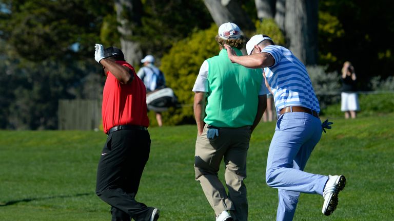 PEBBLE BEACH, CA - FEBRUARY 13:  Alfonso Ribeiro (L) and Justin Timberlake (R) dance during round three of the AT&T Pebble Beach National Pro-Am at the Peb