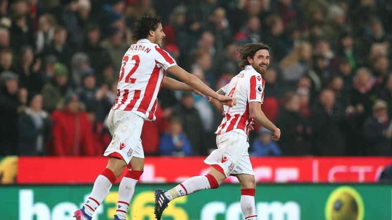 Joe Allen (right) of Stoke City celebrates scoring the opening goal with his team mate Ramadan Sobhi 